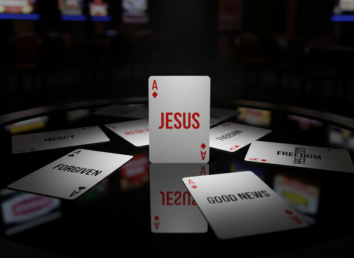 A stack of oversized, glossy playing cards lies scattered across a reflective black glass table, but instead of suits and numbers, each card bears a single powerful word in modern white typography: “Mercy,” “Forgiven,” “Redeemed,” “Freedom,” “Good News.” One card is set upright in the foreground like a winning hand, with the word “JESUS” emblazoned across it in bold red. Neon-style reflections from out-of-focus casino lights shimmer in the glass, but they are subdued by a clean, focused spotlight from above that illuminates the Jesus card, creating a clear focal point. Shot in close-up photographic realism with a shallow depth of field, the mood is daring and transformative, suggesting that the ultimate game-changer in a city of chance is the gospel.