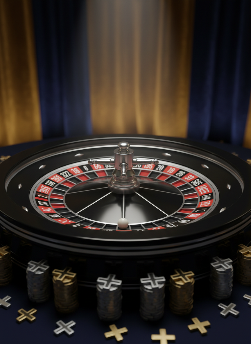 Inside a dim, high-roller casino-style room, a glossy black roulette wheel is frozen mid-spin, but instead of red and black numbers, each segment bears words like “Joy,” “Peace,” “Restoration,” and “Salvation.” The small ball is captured in razor-sharp focus as it settles decisively into the slot labeled “GOOD NEWS.” Surrounding chips are replaced by small, metallic cross-shaped tokens piled confidently near the wheel. A sharp spotlight from above illuminates the center of the wheel, while the background fades into a soft blur of gold and deep blue tones. Shot in close-up photographic realism from a slightly elevated angle, the mood is intense yet hopeful, emphasizing certainty in a world obsessed with chance.
