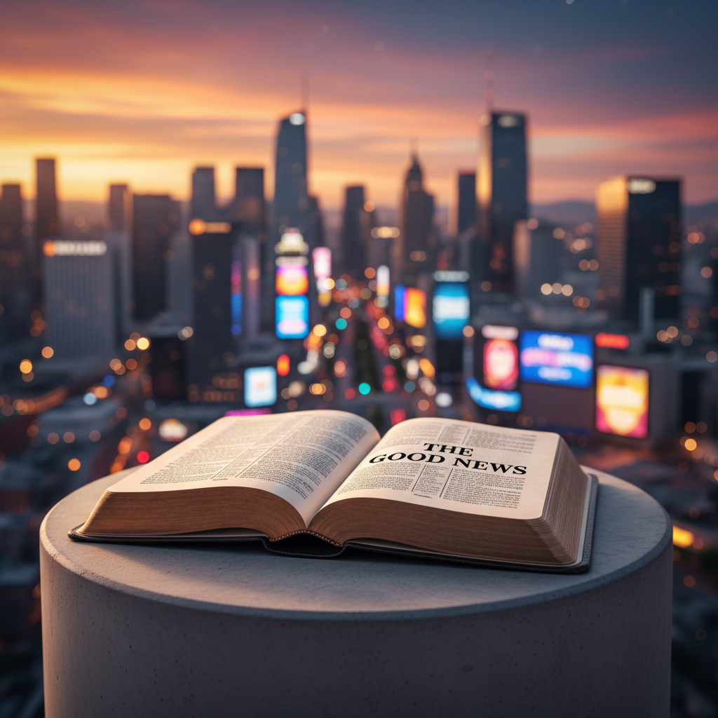 An open, well-worn leather Bible lies on a smooth concrete pedestal overlooking a distant, blurred city of bright skyscrapers and glowing billboards. The thin, slightly curled pages are highlighted in soft golden-hour sunlight, with one bold verse about “good news” crisply in focus while the rest gently fades. The sky burns with saturated oranges and deep blues, suggesting the end of a long night. Shot at eye level with a shallow depth of field, the city becomes a soft bokeh of color and light. The atmosphere is bold yet hopeful, conveying that unchanging truth stands firm above the noise of a modern entertainment city, in clean photographic realism.