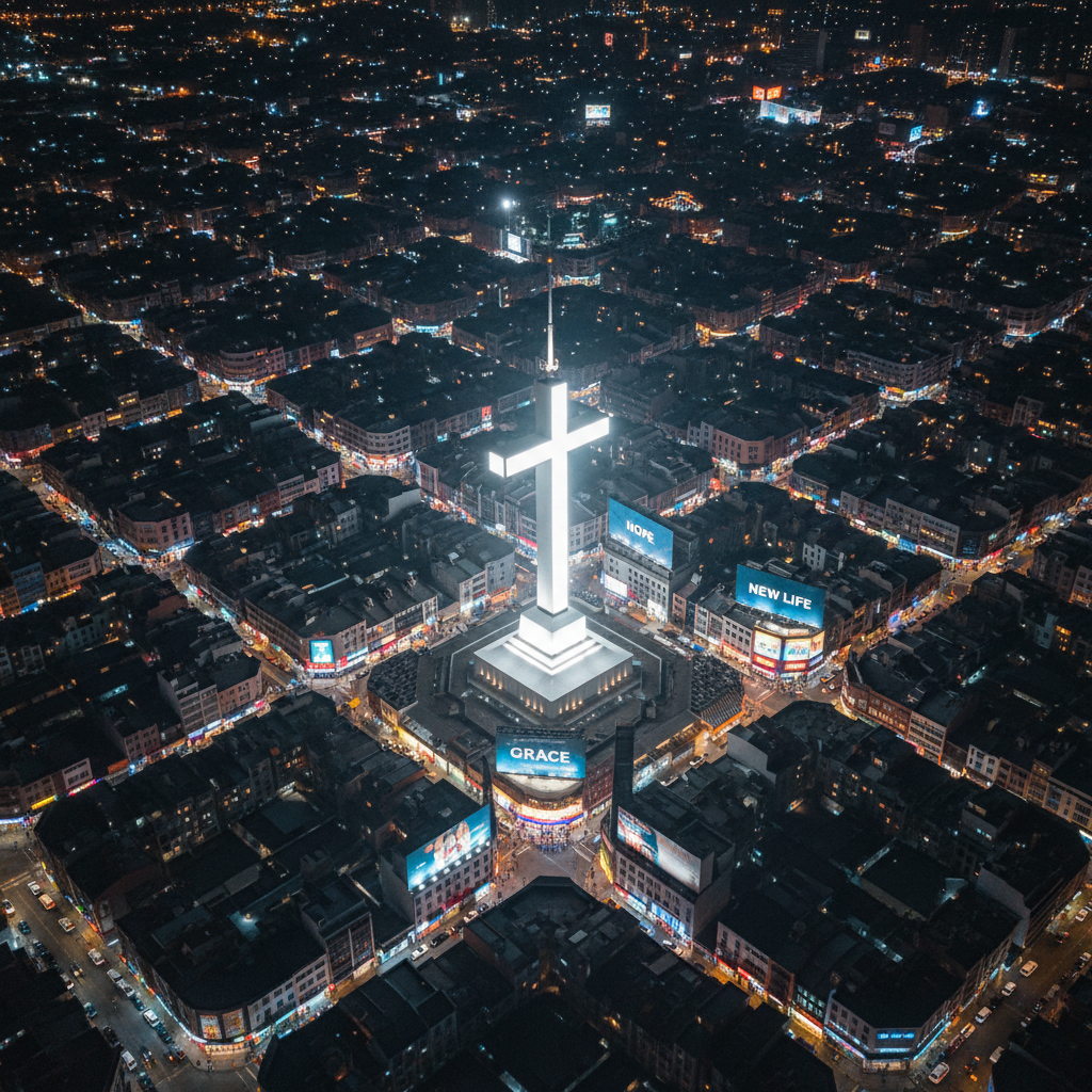 A dramatic aerial view of a dense, brightly lit nightlife district, captured at night, reveals one striking difference: at the heart of the glowing grid stands a tall, brilliant white tower in the shape of a cross, its light flooding surrounding streets with a gentle radiance that subtly mutes the harsher neon colors nearby. Billboards that might usually advertise shows now display simple messages like “Hope,” “Grace,” and “New Life” in clean typography. The composition uses photographic realism with crisp detail and a cinematic wide shot that emphasizes contrast between former darkness and present light. The mood is bold, confident, and victorious, visually expressing the idea of Jesus reigning over and transforming what once was Sin City.