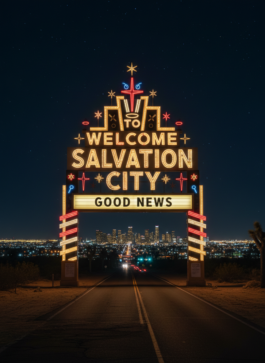 A massive, glowing “WELCOME TO SALVATION CITY” sign inspired by classic Las Vegas marquee design stands in the foreground of a night desert scene. Instead of gambling symbols, the sign incorporates bright, geometric halo motifs, small crosses, and stars, all outlined in vibrant red, gold, and white LED-style lights. The words “GOOD NEWS” pulse boldly across the lower banner in a modern, clean font. Behind, the silhouette of a city is visible, but its usual neon chaos is replaced with warm, consistent white and soft gold lighting on the buildings. Photographic realism with a slightly elevated angle captures the sign as if a visitor is just arriving. The atmosphere feels electrifying yet pure, dramatically proclaiming transformation from Sin City to a city dedicated to Jesus.