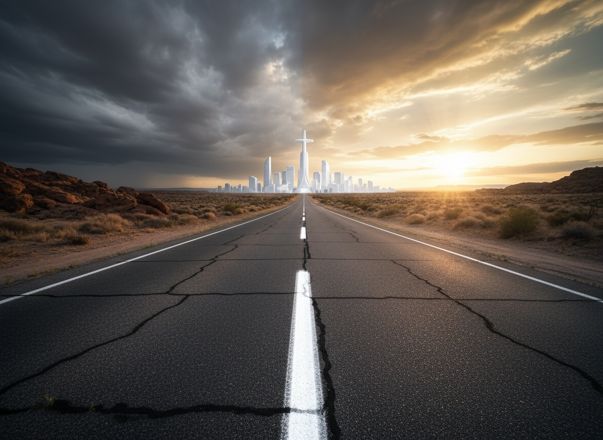 A stark, straight two-lane desert highway leads directly toward a distant, gleaming white city whose tallest central tower is formed in the unmistakable shape of a cross. The asphalt is cracked but clearly marked with a fresh, bright center line that glows faintly, as if lit from within. On either side, rugged red rock formations and gritty desert sand frame the path. Overhead, a dramatic sky transitions from stormy gray clouds on the left to radiant sunrise light on the right, symbolizing a clear way out of darkness. Captured in wide-angle photographic realism from a low road-level perspective, the composition is bold, cinematic, and forward-driving, embodying a visual journey from Sin City to Salvation City.