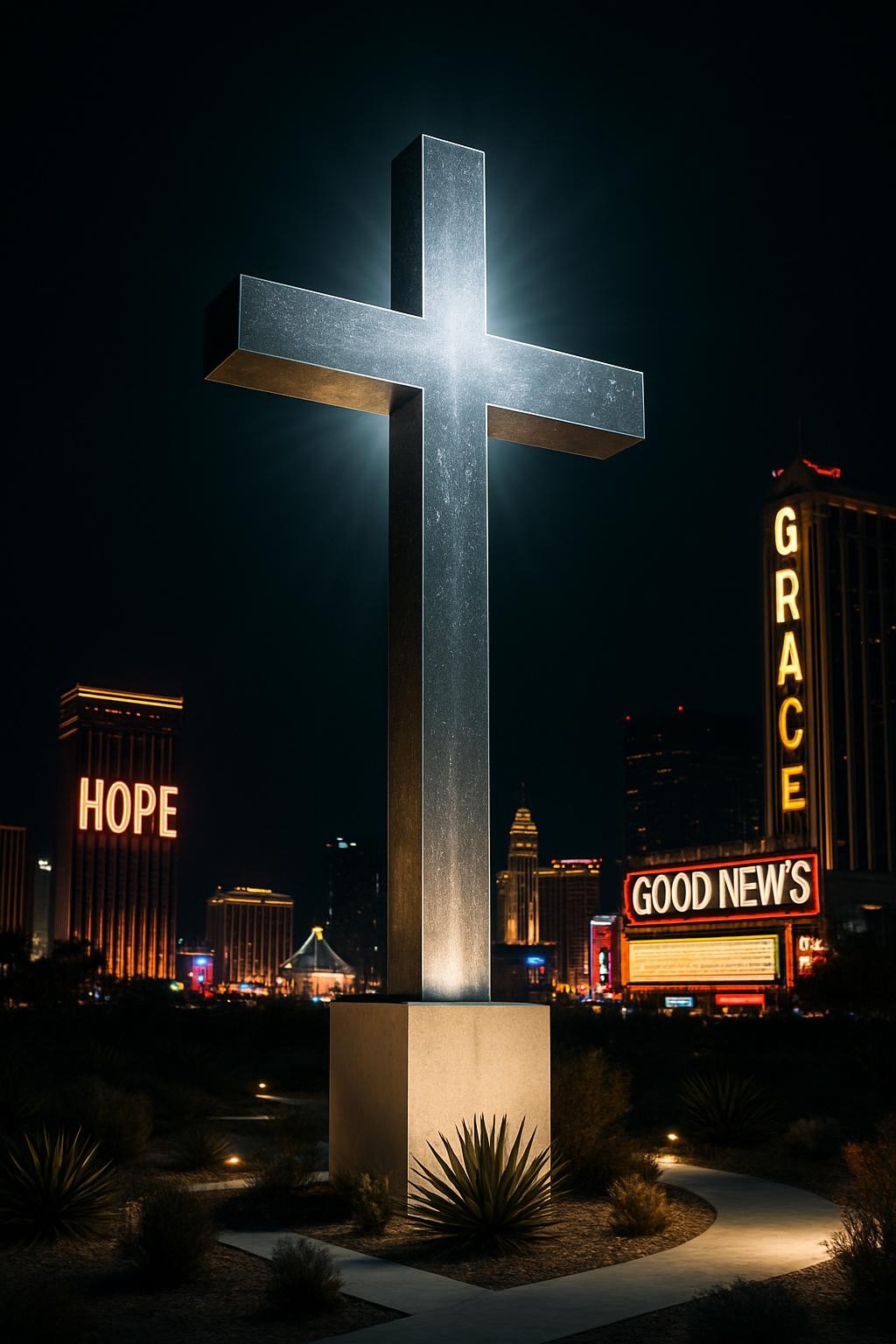 A towering illuminated cross made of brushed stainless steel, its surface catching points of light like tiny stars, stands boldly at the edge of a night-time desert city skyline reminiscent of Las Vegas, but with casino signs subtly replaced by words like “Hope,” “Grace,” and “Good News.” The cross is rooted in clean white stone, surrounded by desert plants and faintly glowing pathways. Dramatic cinematic lighting creates a radiant halo around the cross, pushing back the neon darkness of the city behind. Shot in photographic realism from a low-angle perspective, with deep contrast and sharp focus, the composition feels triumphant and transformative, embodying the idea of turning Sin City toward Jesus in a striking, modern, and uncompromising style.